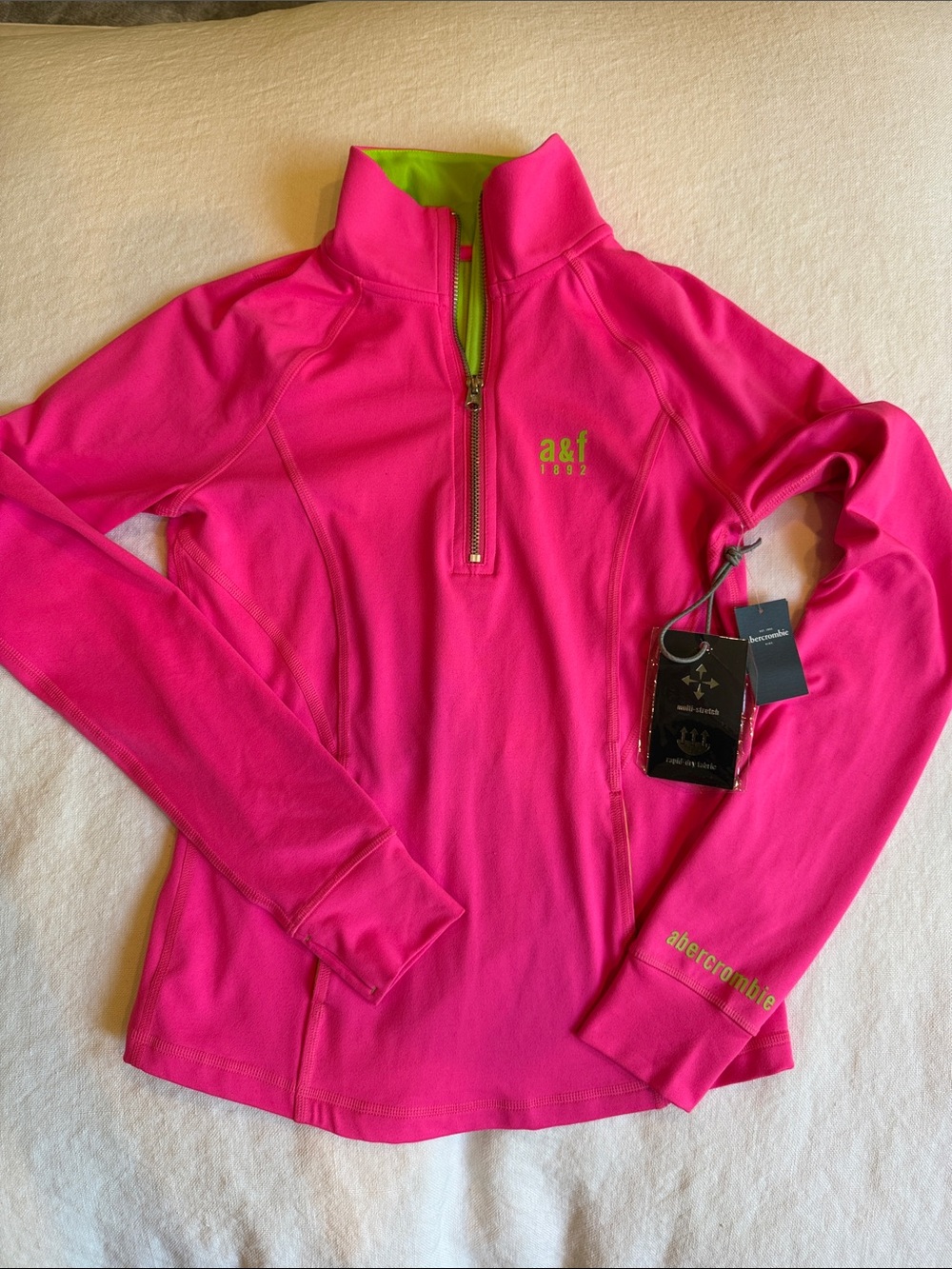 Abercrombie & Fitch Hot Pink Cowl-Neck Quarter-Zip Pullover with Lime Accent